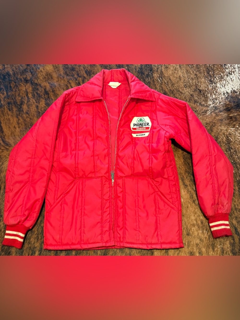 Vintage 70s Pioneer Seeds Salesman Jacket Red Quilted Carhartt WPL 13224 Mens S